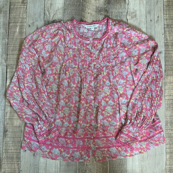 Anthropologie RannaGill Pink Floral Boho Pintuck Crochet Lace Chiffon Top S - Picture 10 of 13